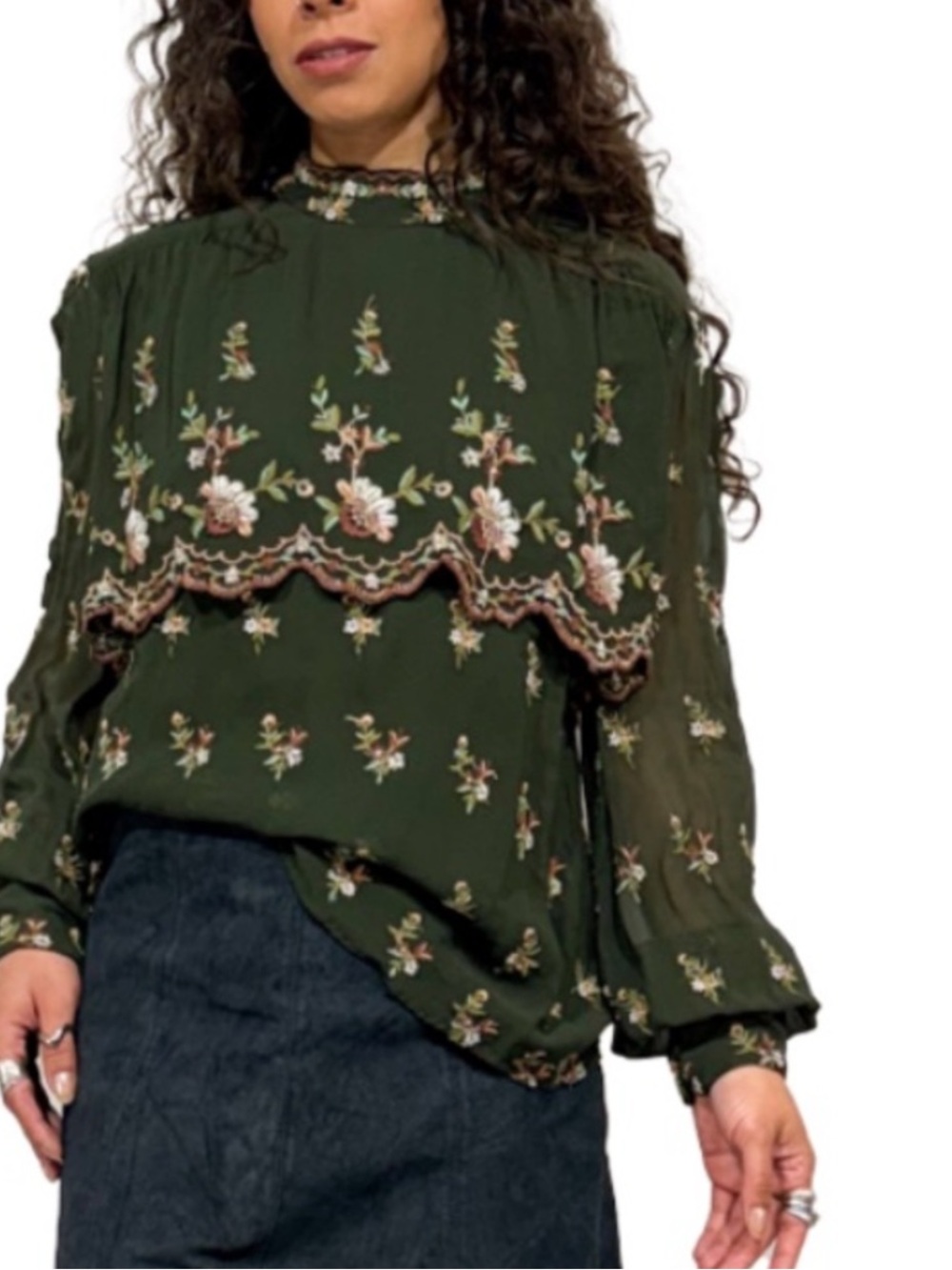 ZARA Prairie
Cottagecore
Green Floral Embroidered Sheer
Blouse S